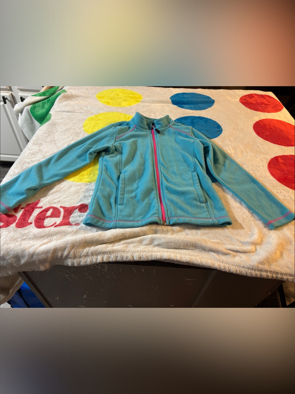 Kids Lightweight Fleece Jacket - Teal with Pink Trim